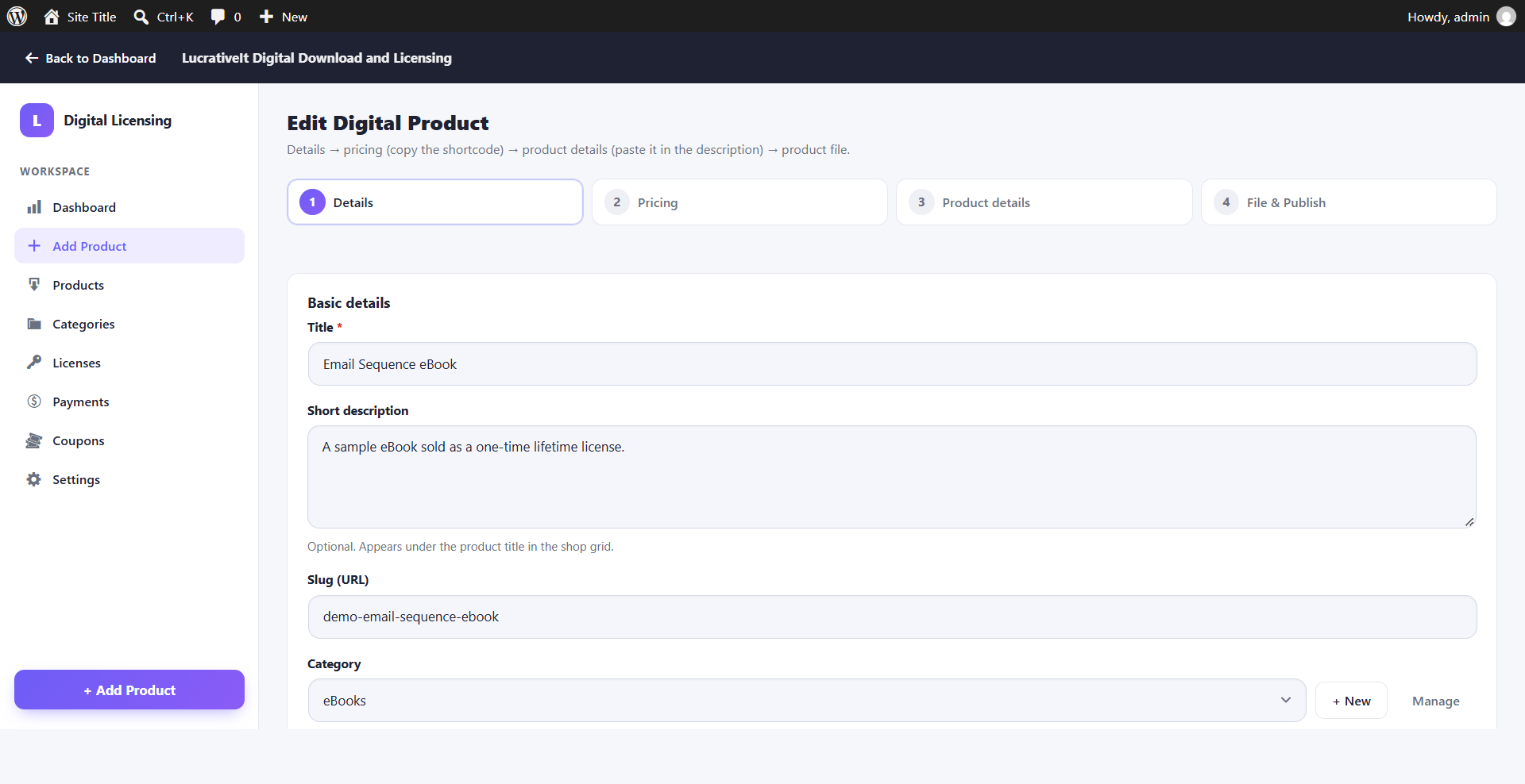 Add product wizard: details step