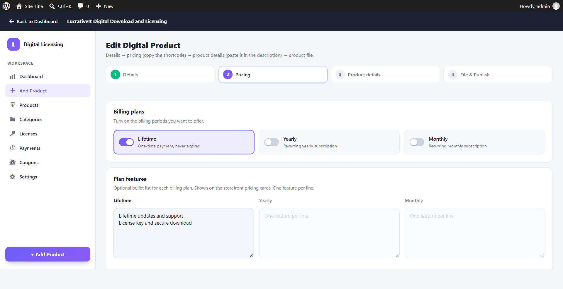 Add product wizard: pricing step