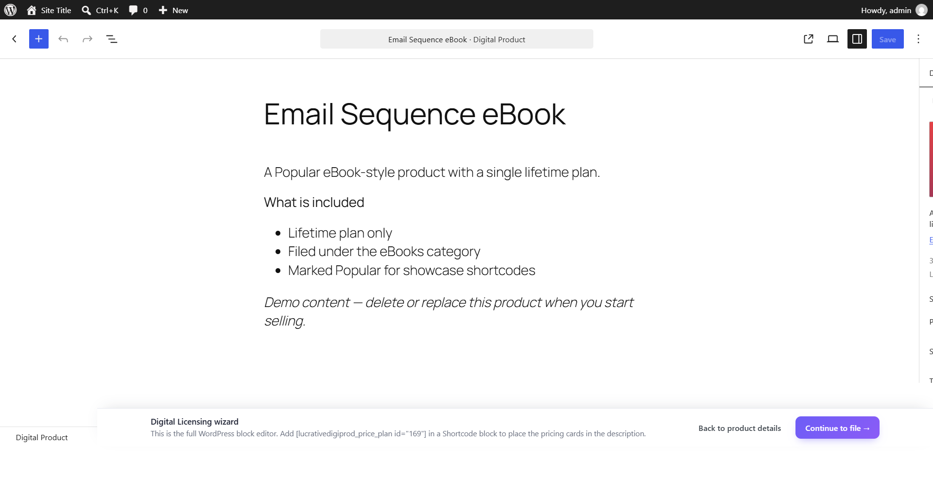 Product description in the WordPress block editor