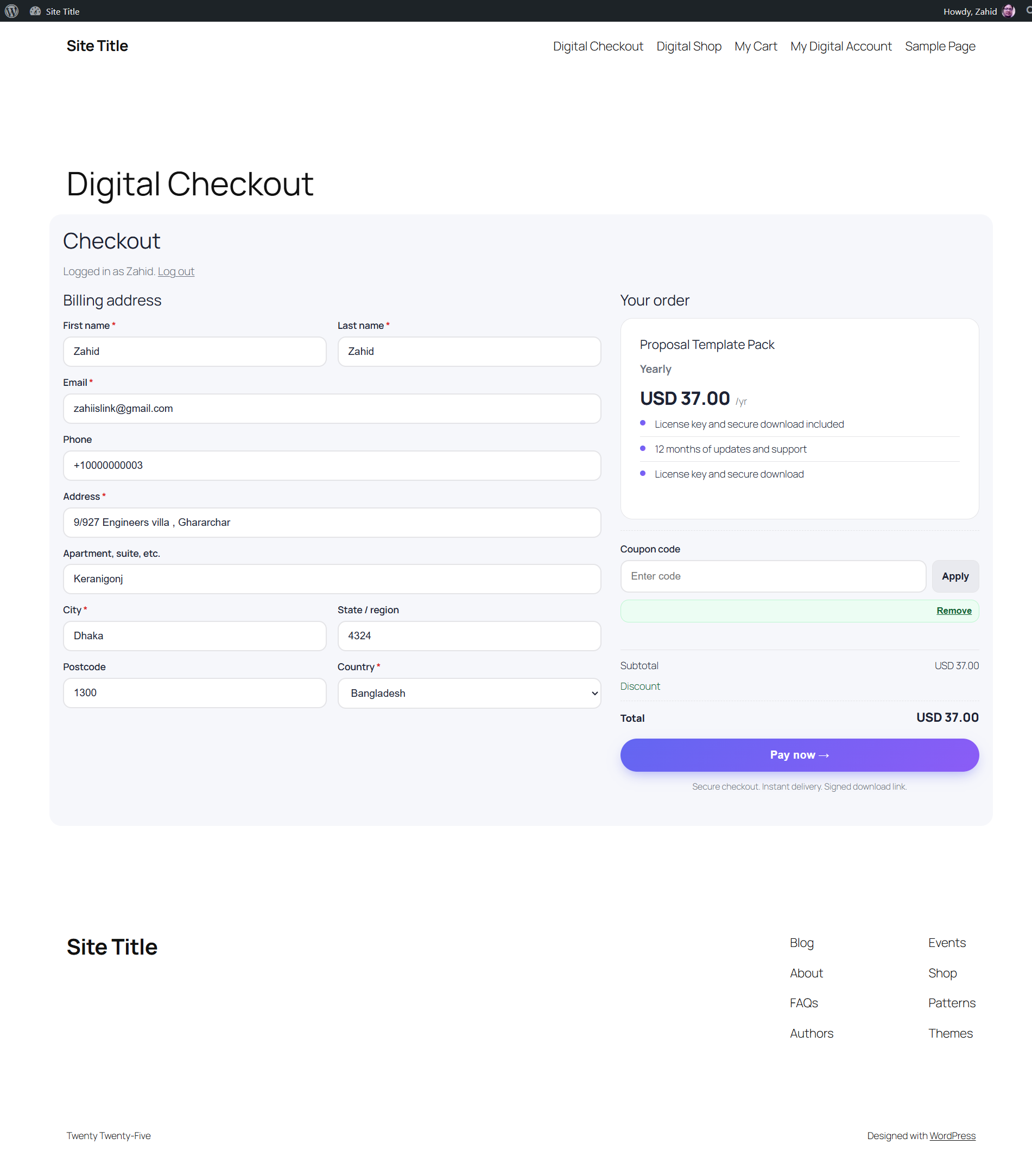 Digital checkout page