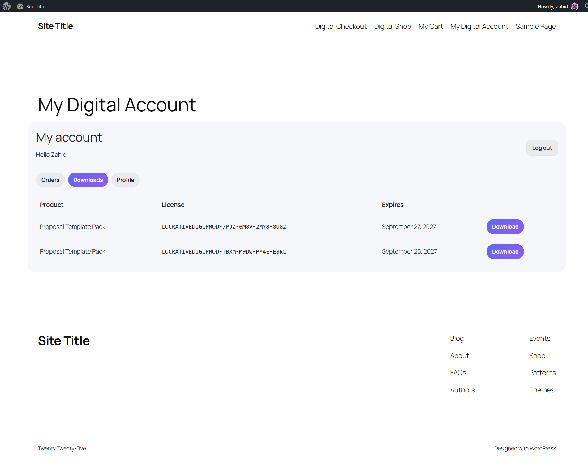 My Digital Account downloads tab