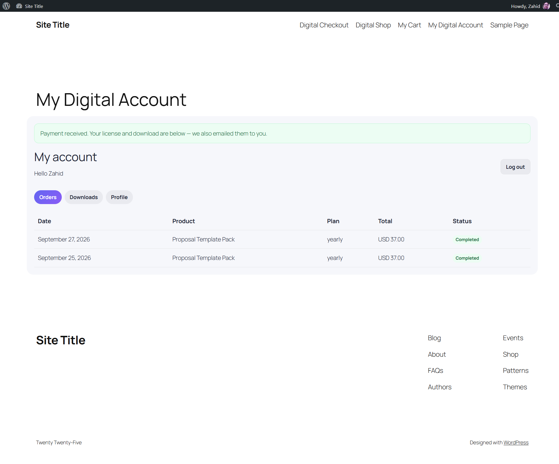 My Digital Account orders tab