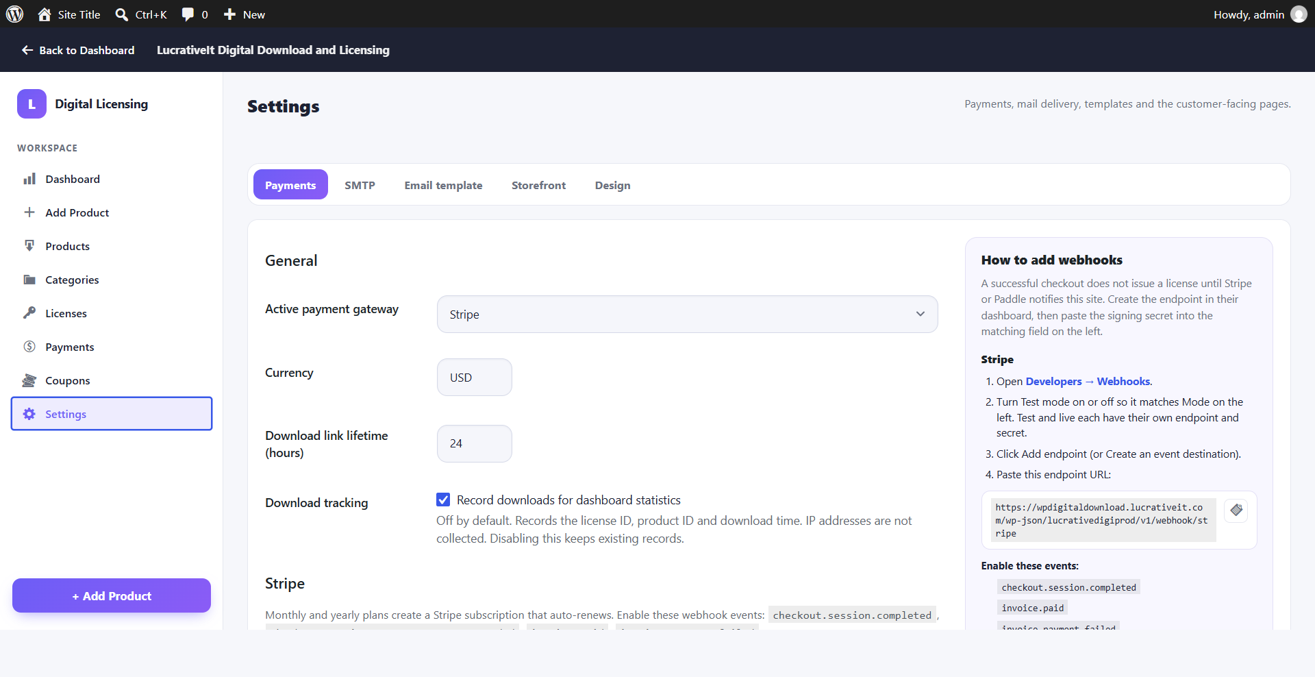 Payment settings tab