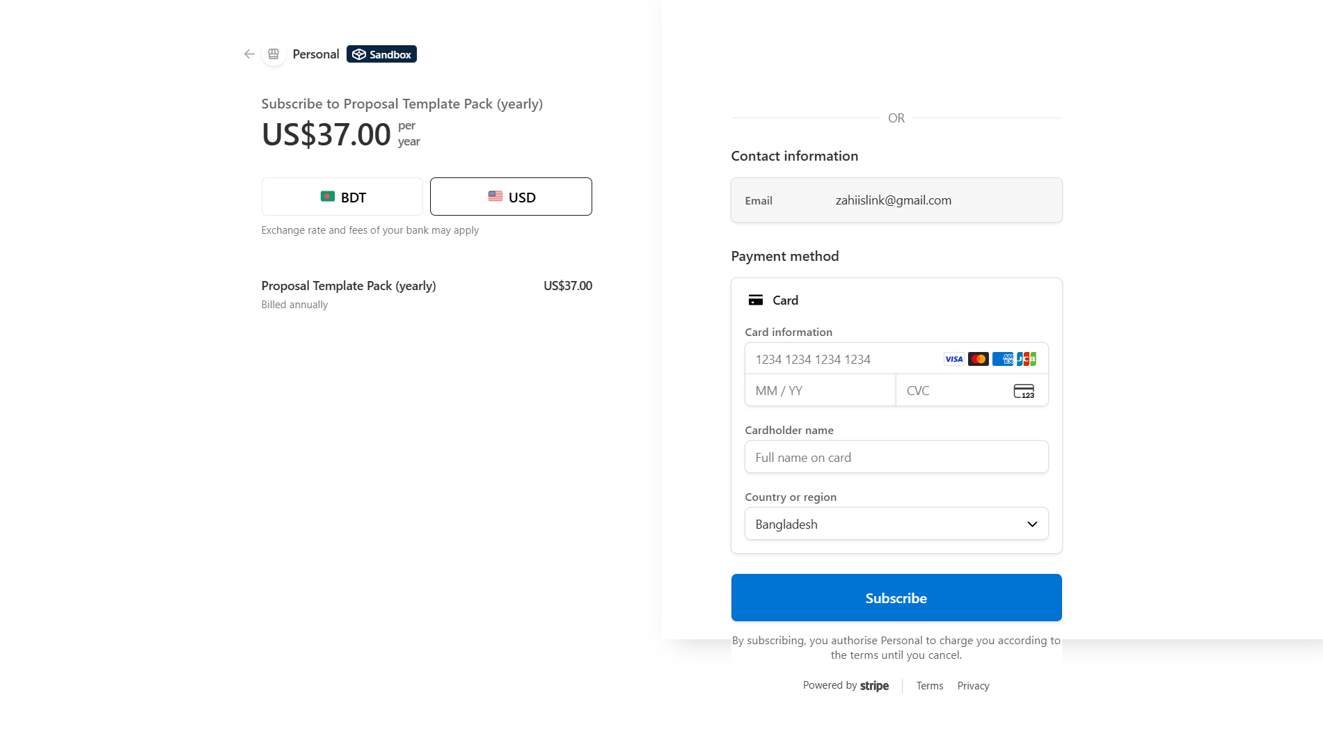 Stripe hosted payment page