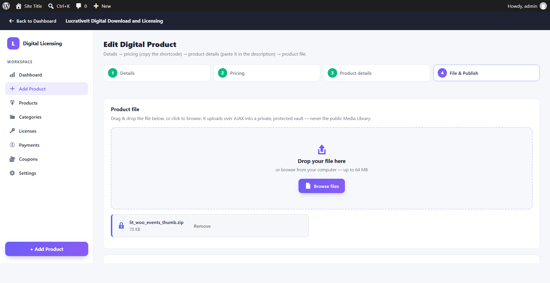 Add product wizard: file and publish step