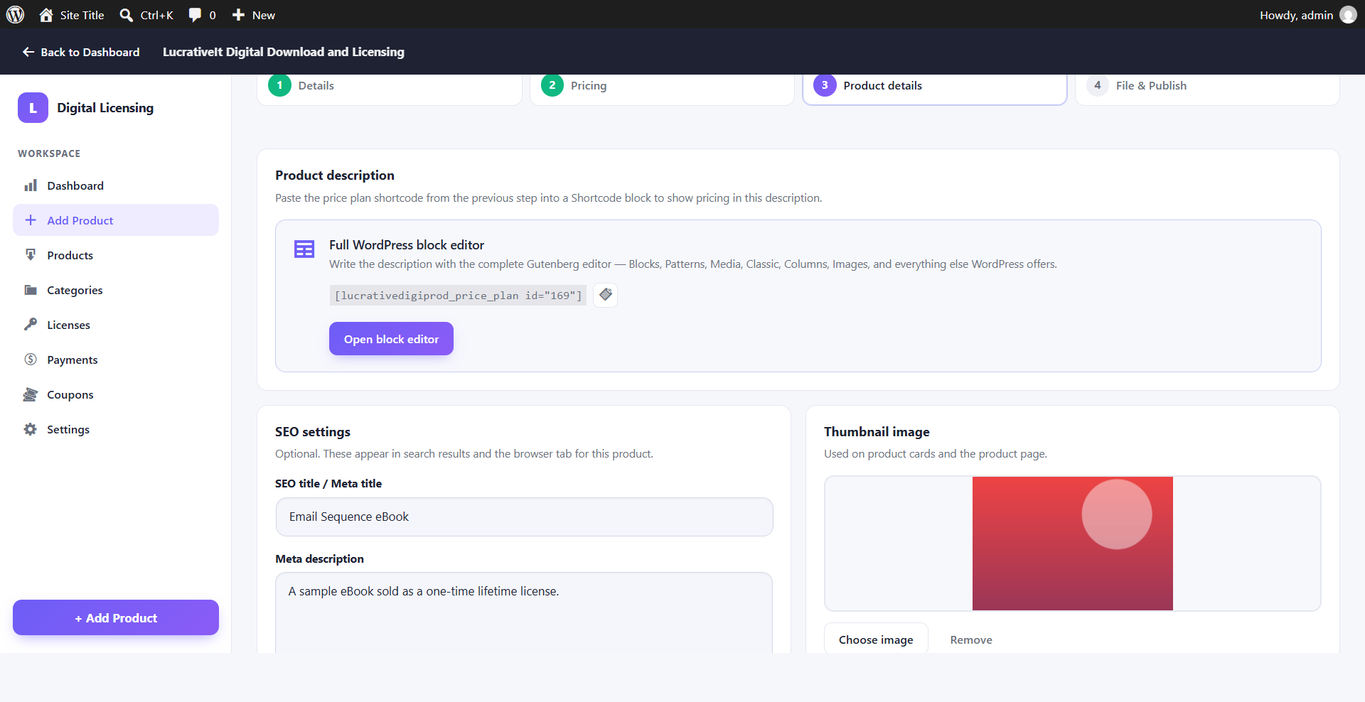 Add product wizard: product details step