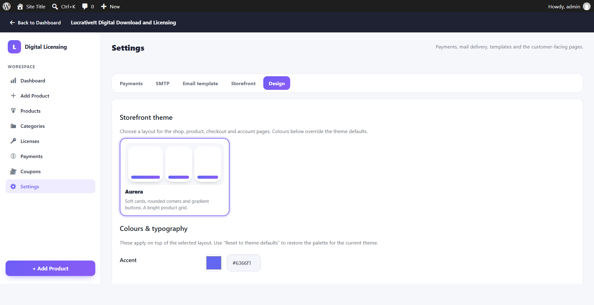 Design settings tab with storefront theme