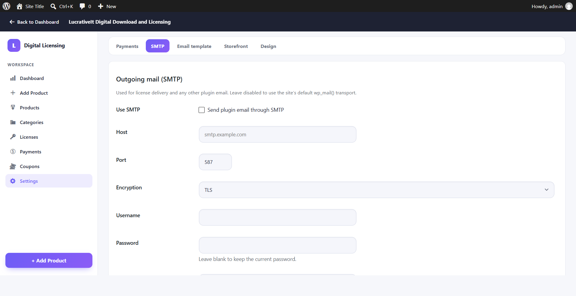 SMTP settings tab