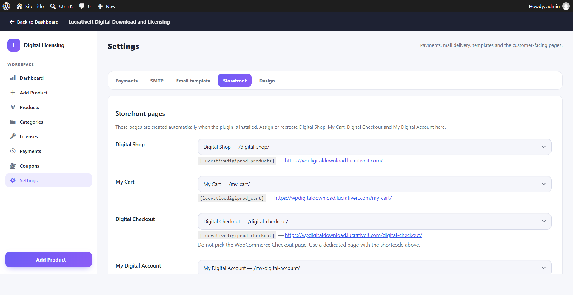 Storefront pages settings tab