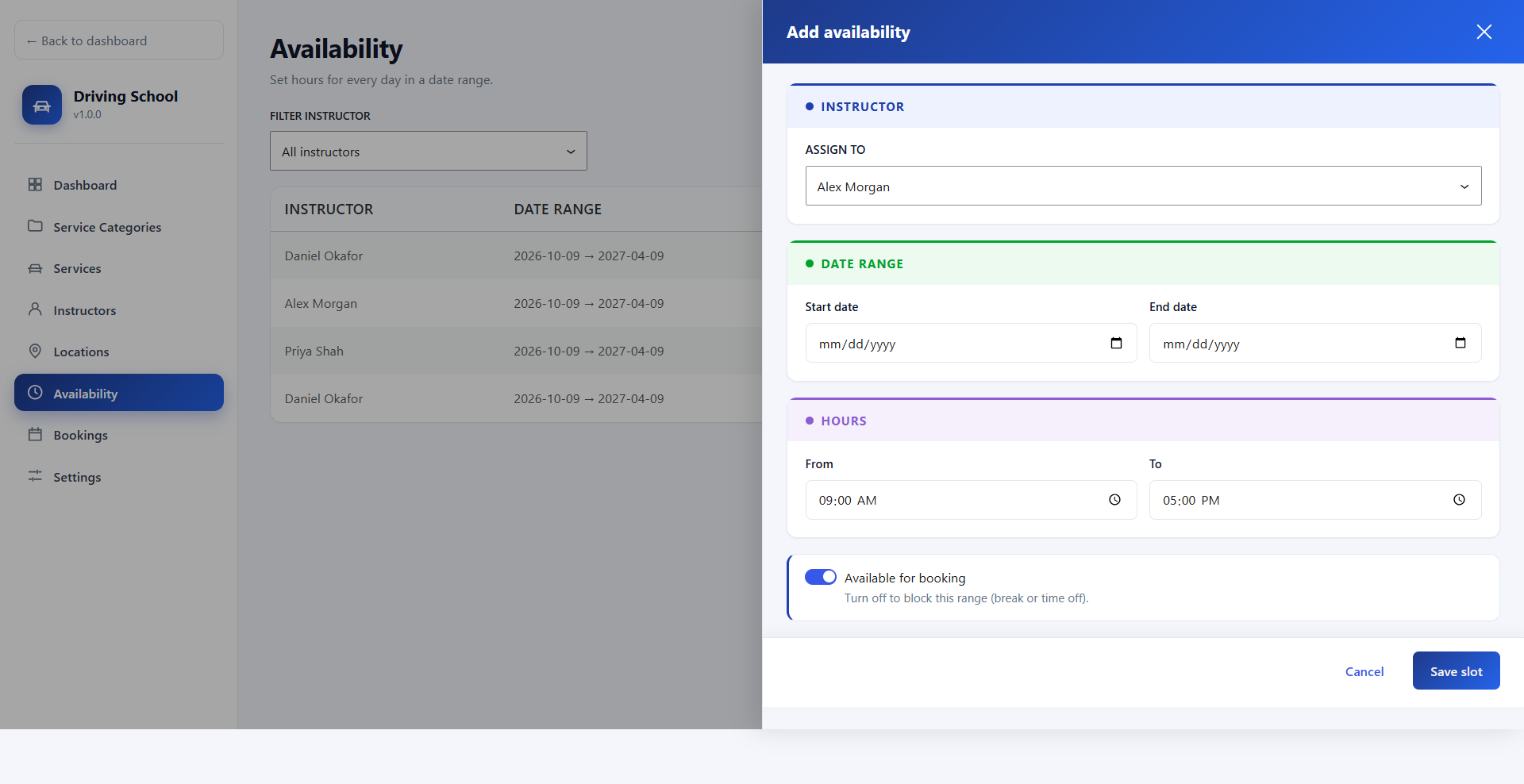 Add availability panel