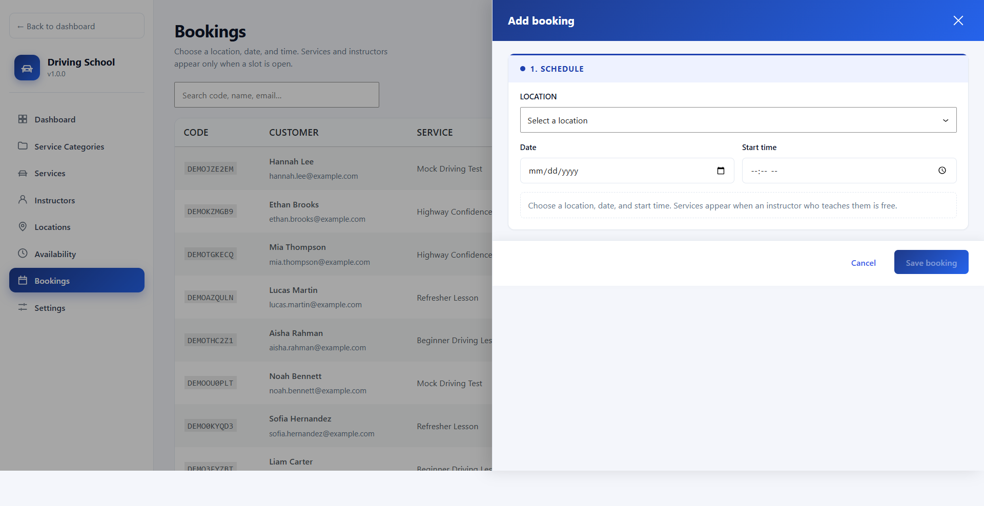 Add booking panel