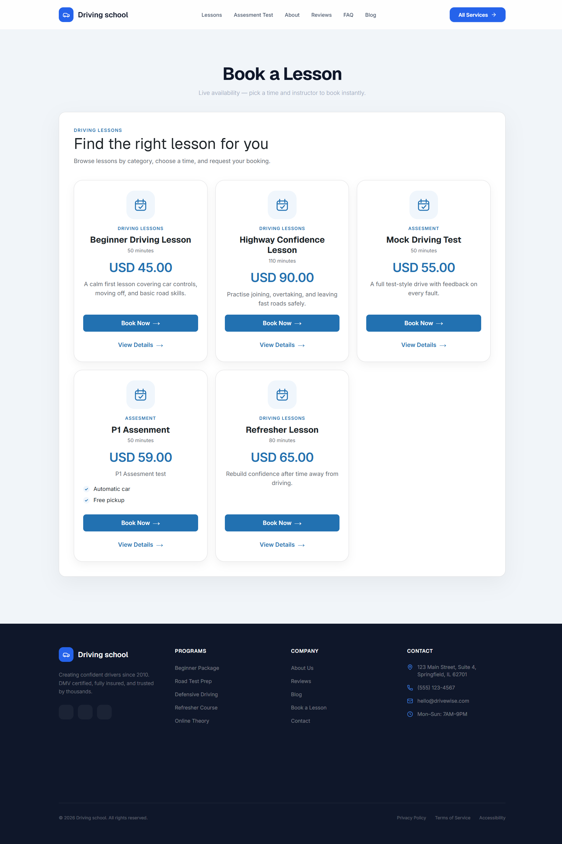 Book a Lesson page