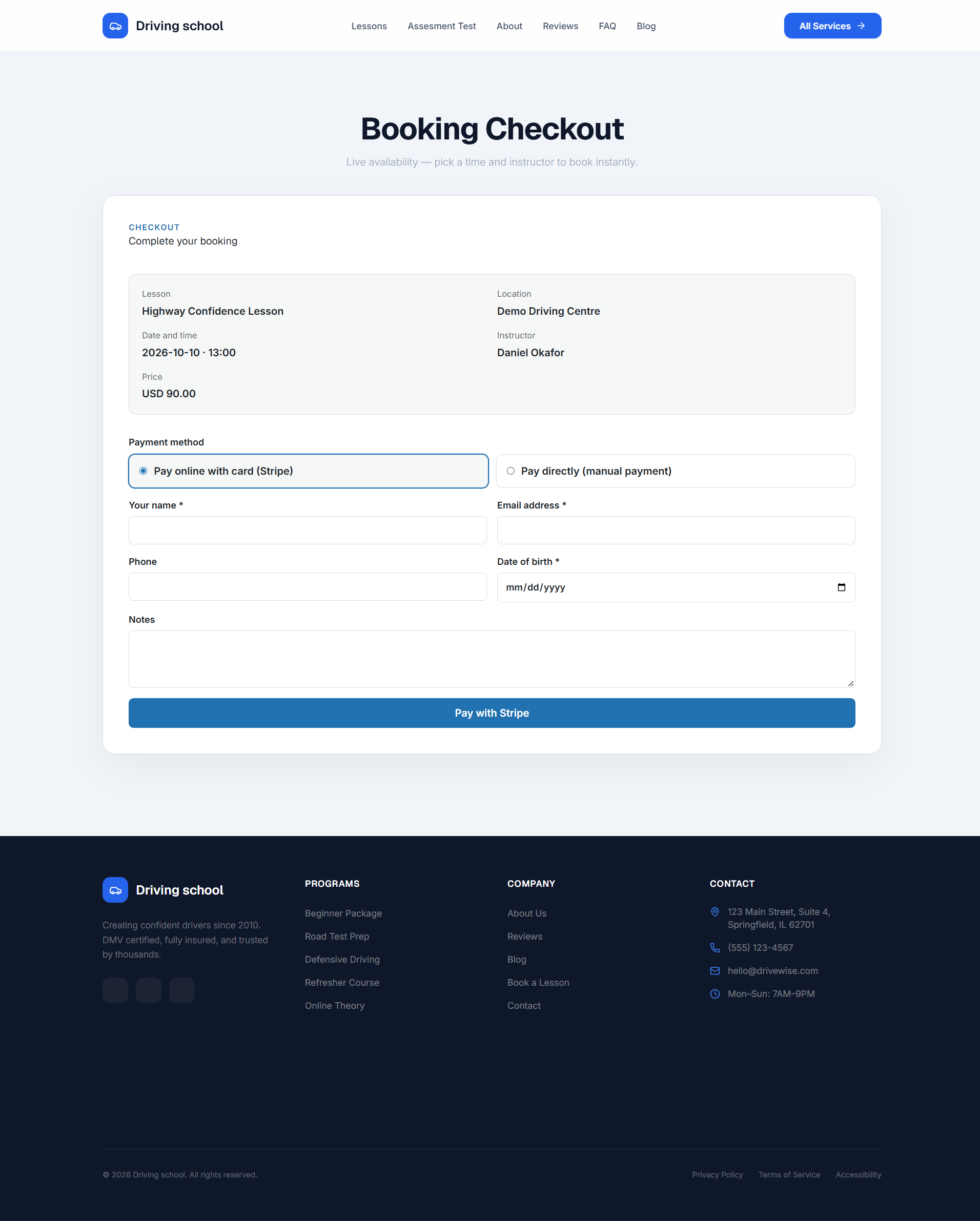 Booking checkout page