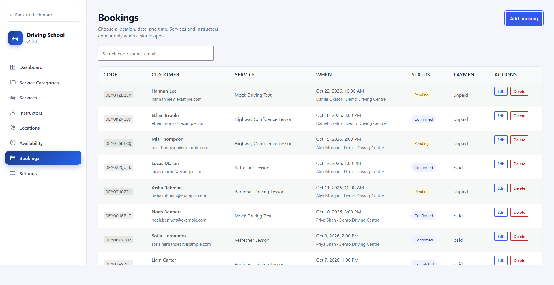 Bookings list