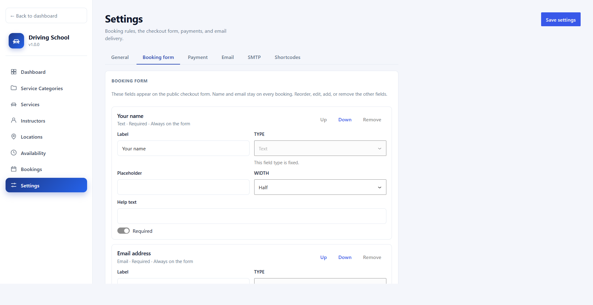 Booking form settings tab