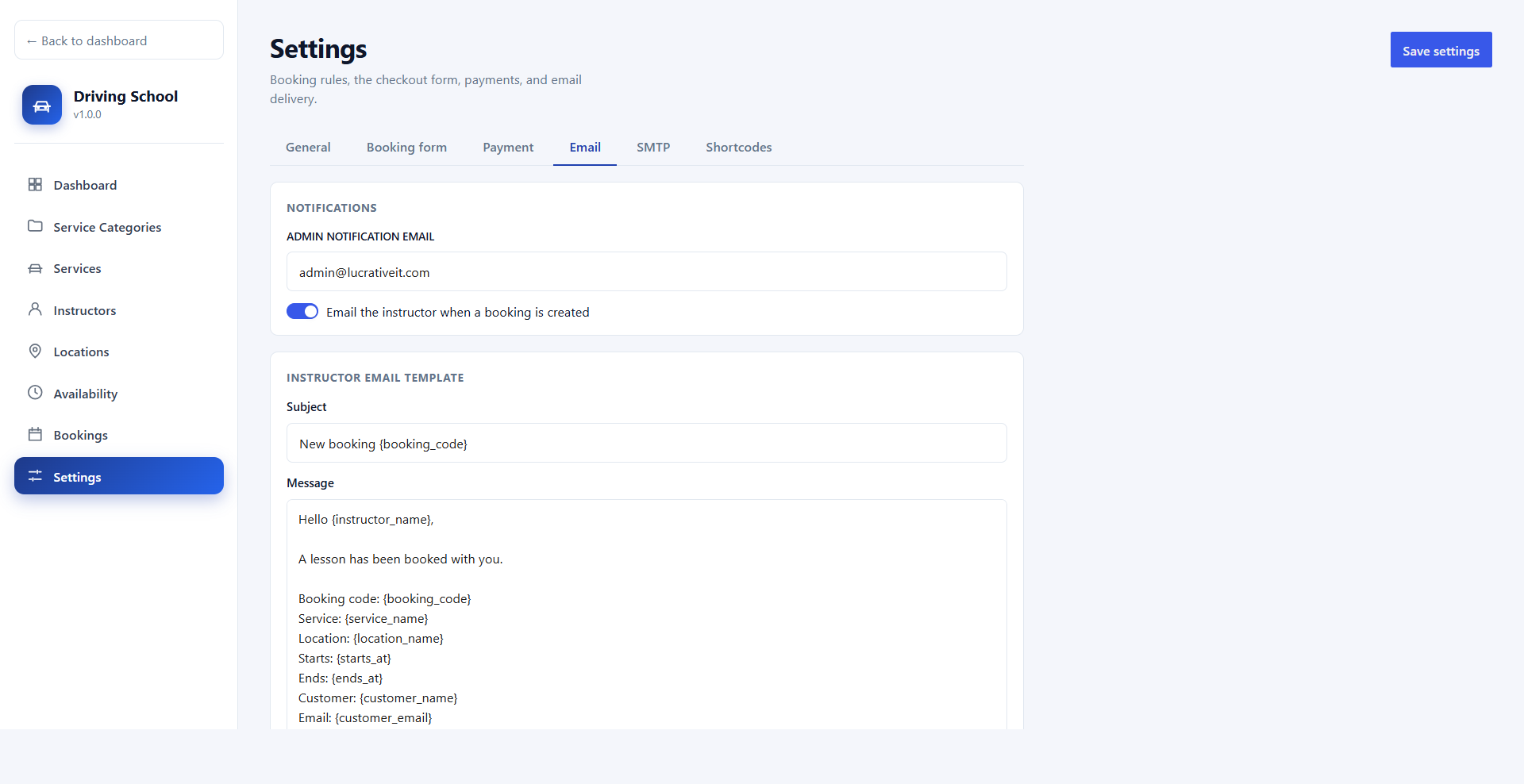 Email settings tab