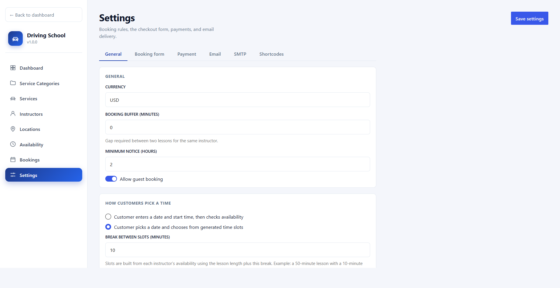 General settings tab