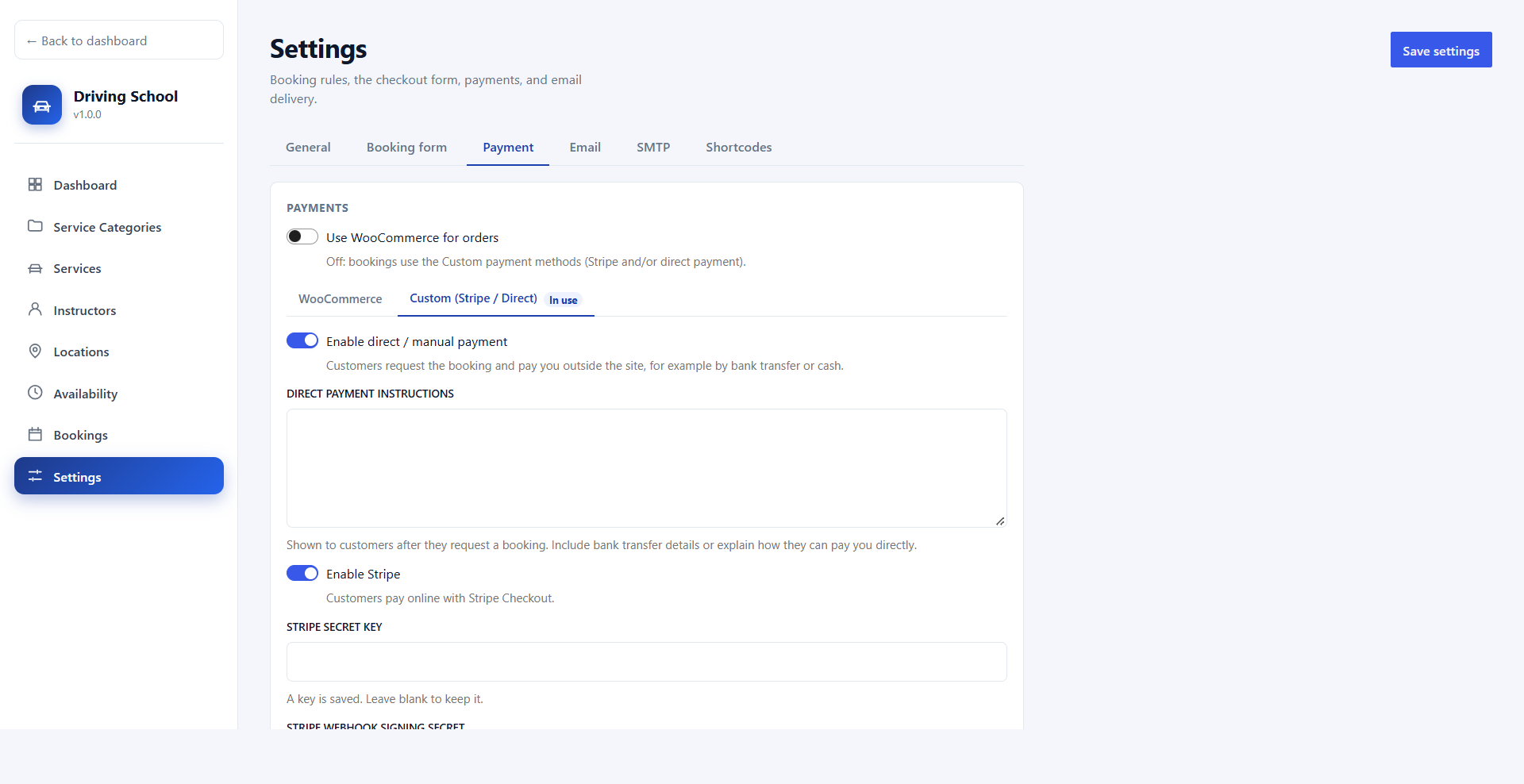 Payment settings tab