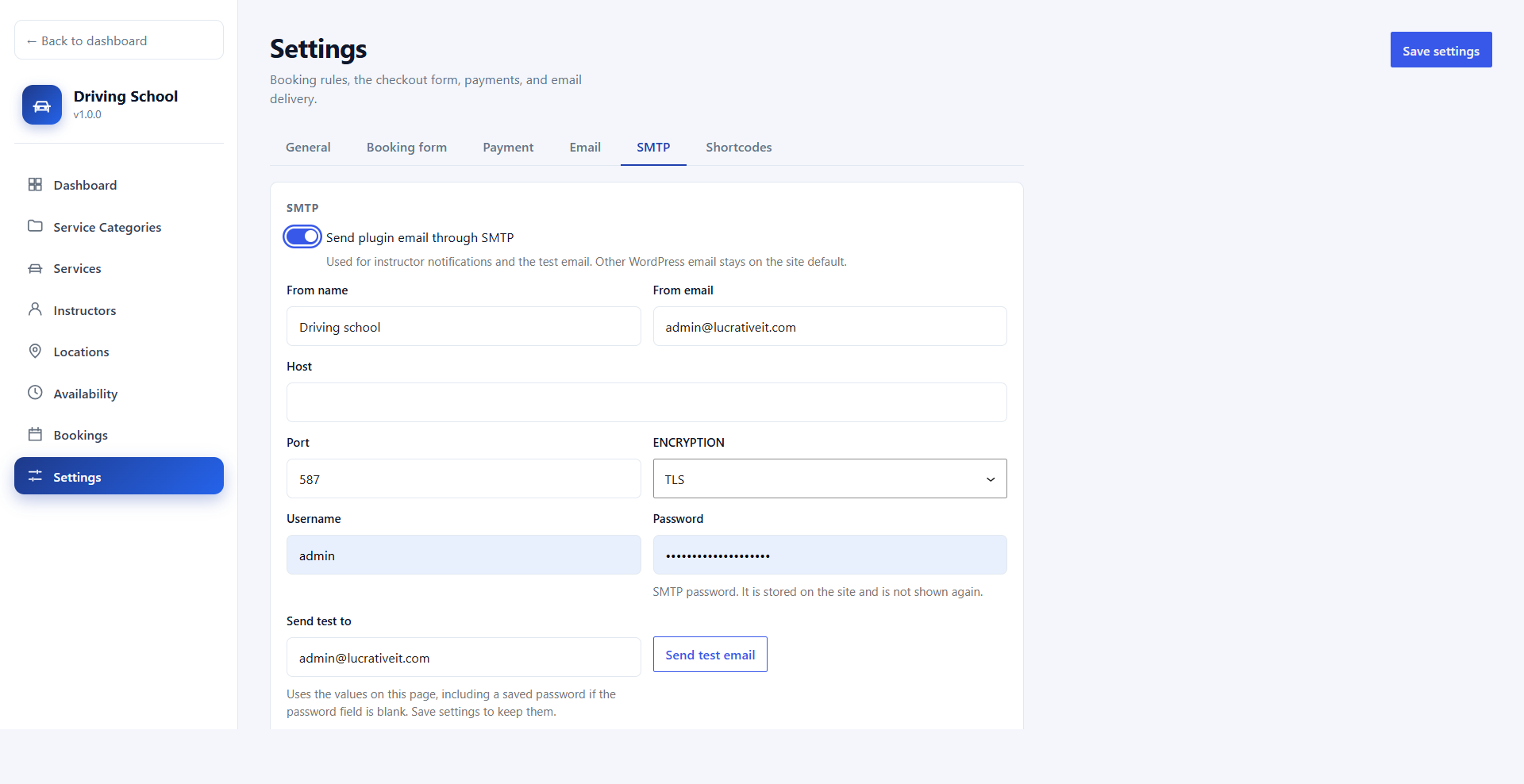 SMTP settings tab