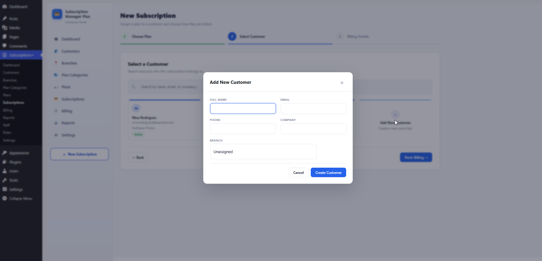Add New Customer modal during subscription wizard