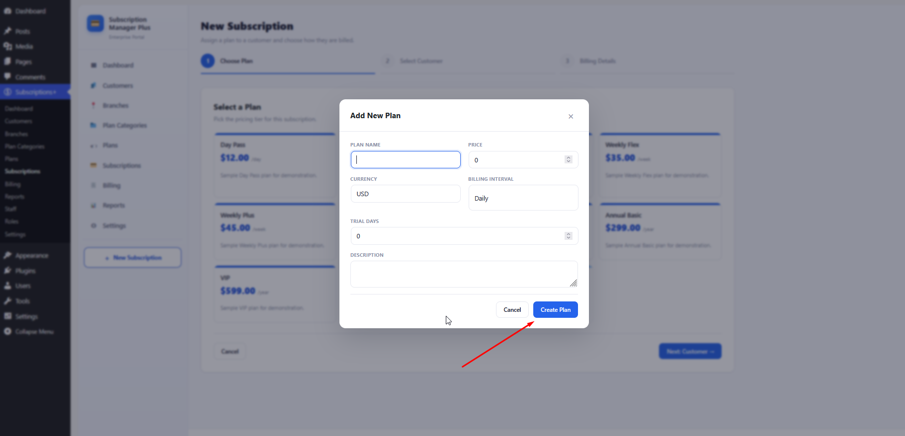 Add New Plan modal in the New Subscription wizard