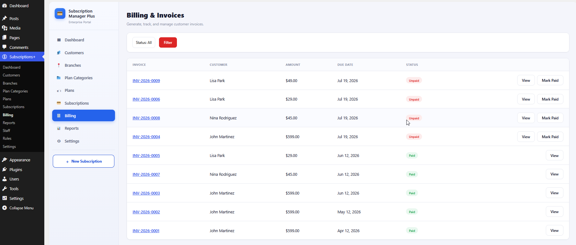 Billing and Invoices list with unpaid and paid statuses