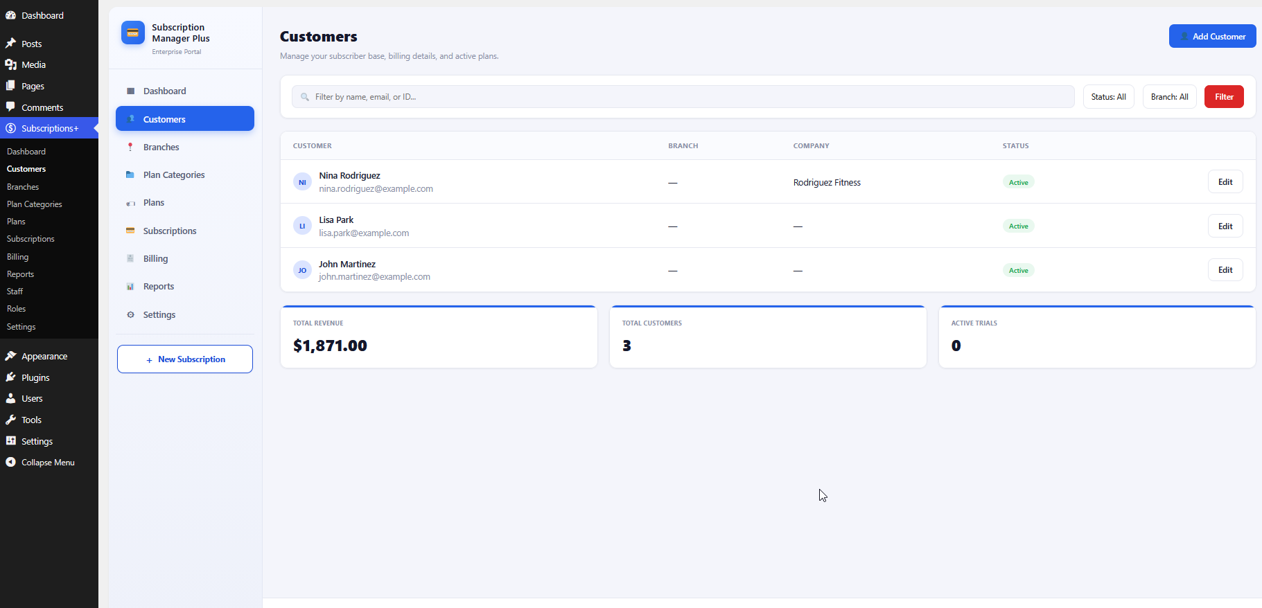 Customers list with search, filters, and summary cards
