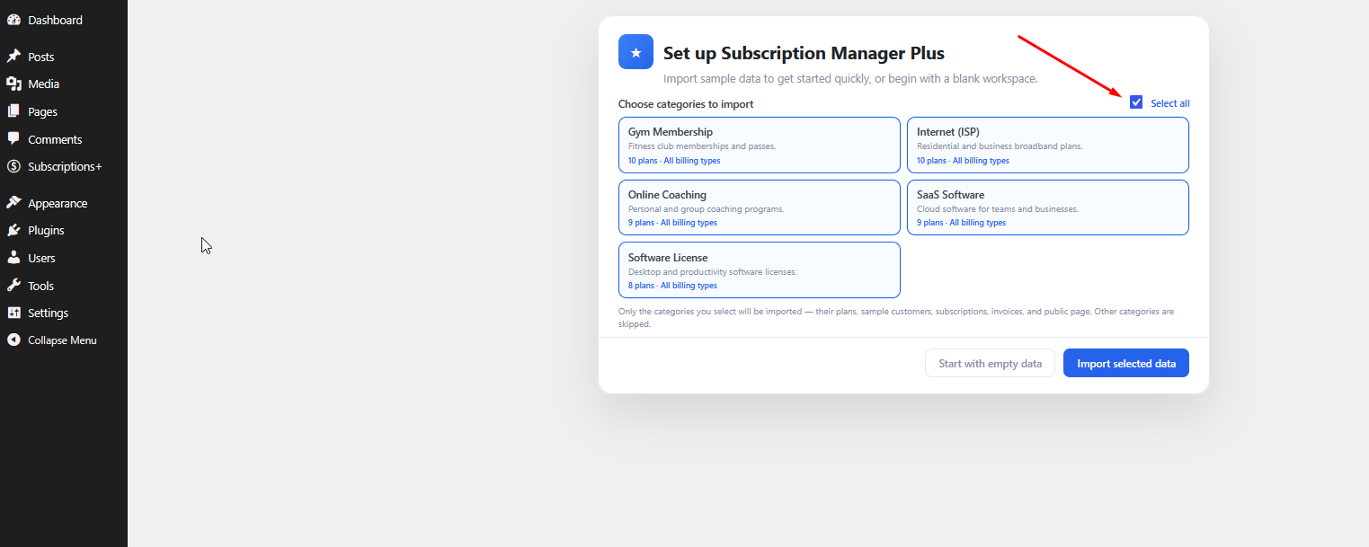 Setup wizard with Select all checked for demo categories