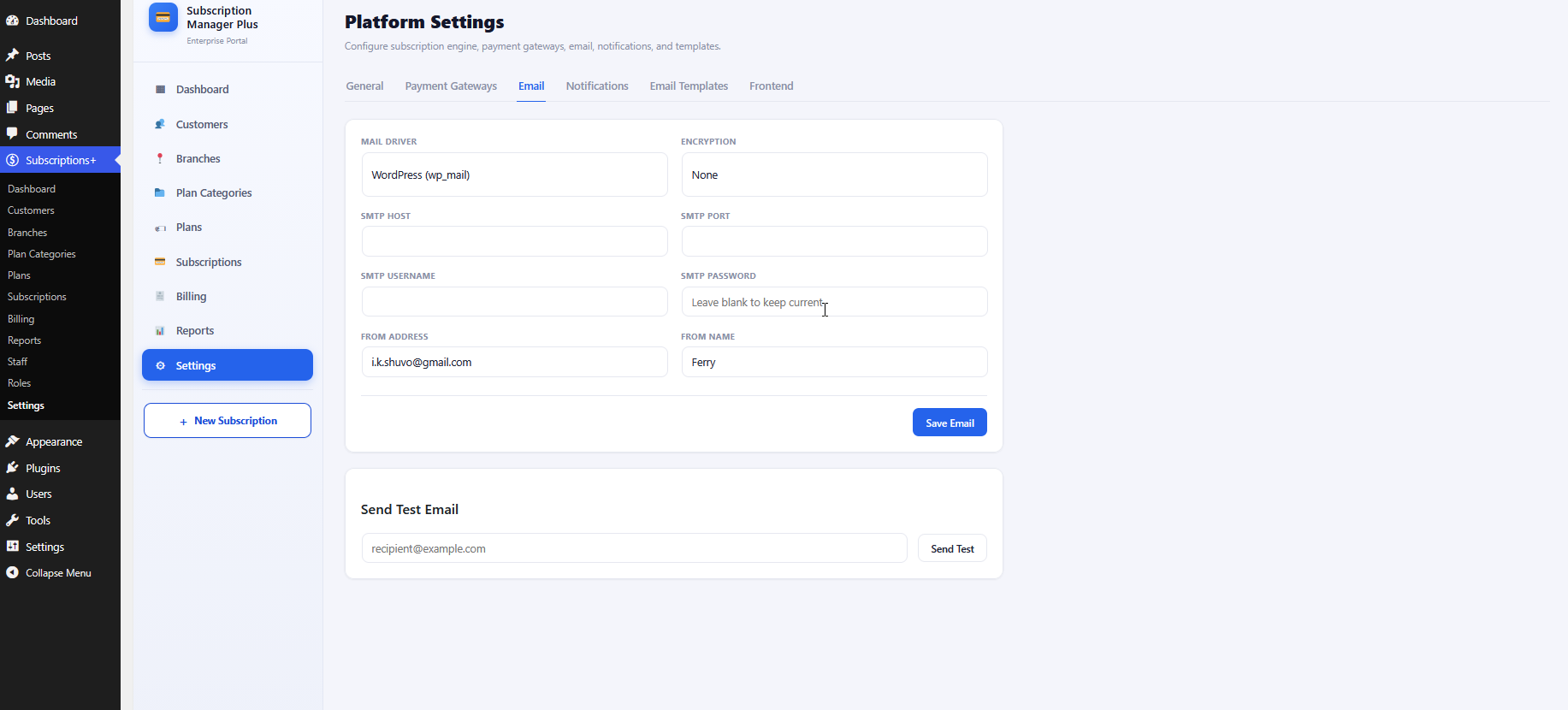 Email settings tab with SMTP fields and test email