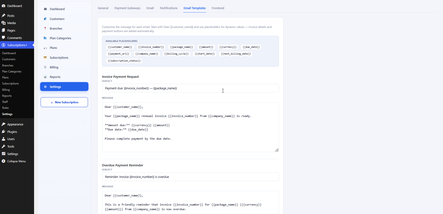 Email Templates settings with placeholders and message editors