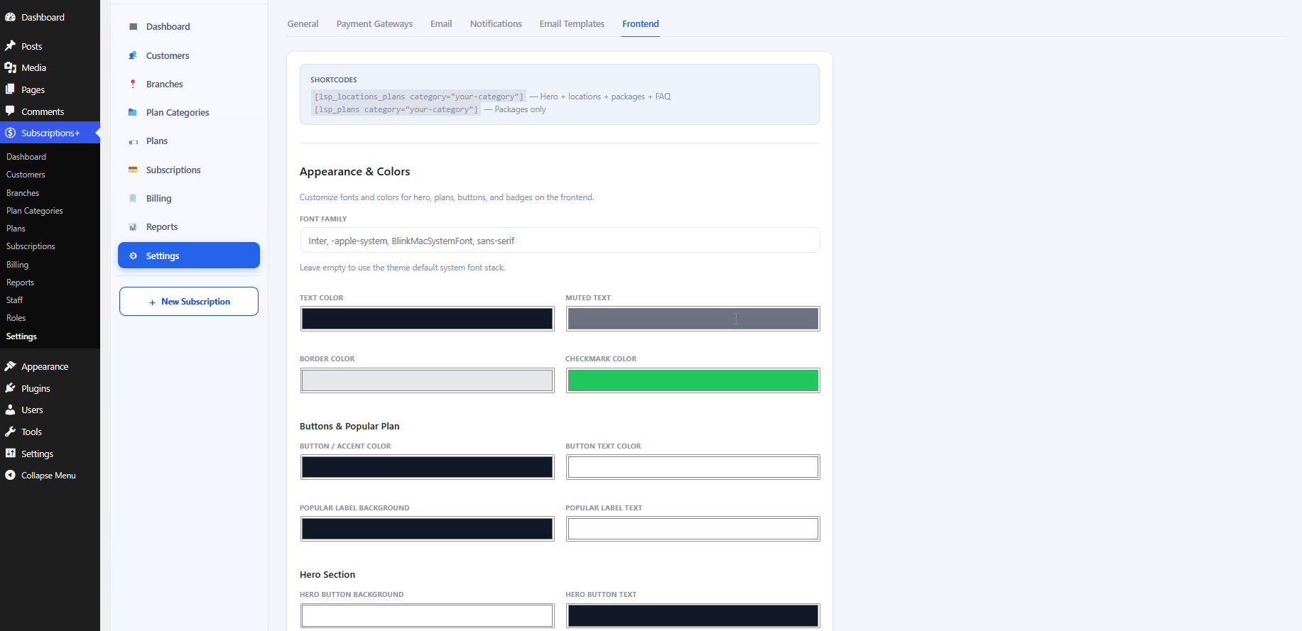 Frontend settings with shortcodes and appearance controls