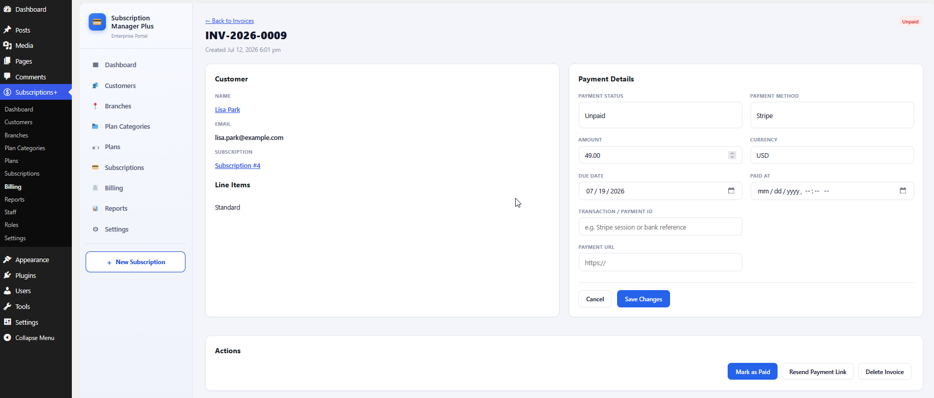 Invoice detail page for an unpaid invoice