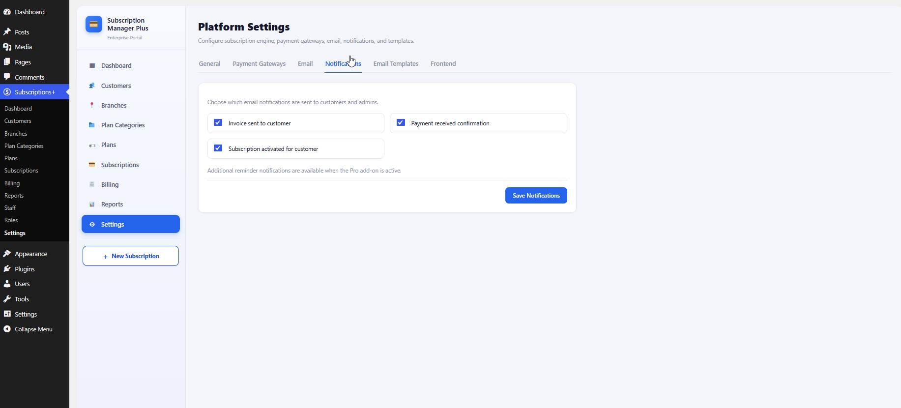 Notifications settings with email toggles