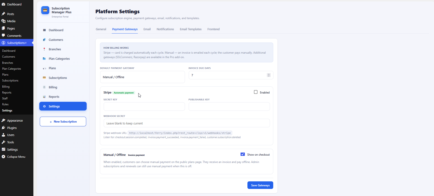 Payment Gateways settings with Stripe and Manual options
