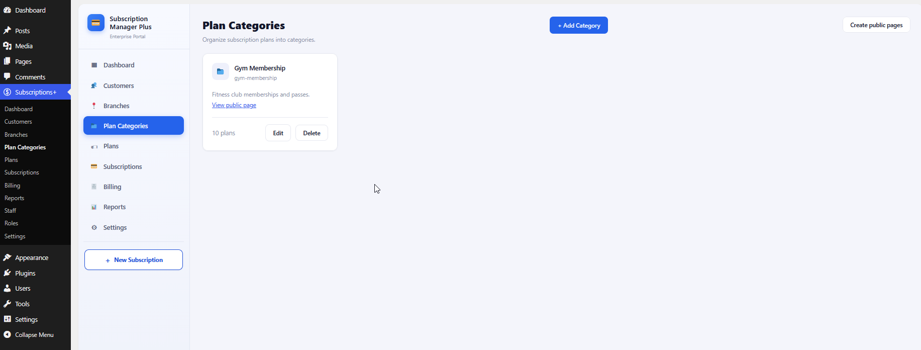 Plan Categories list showing Gym Membership category