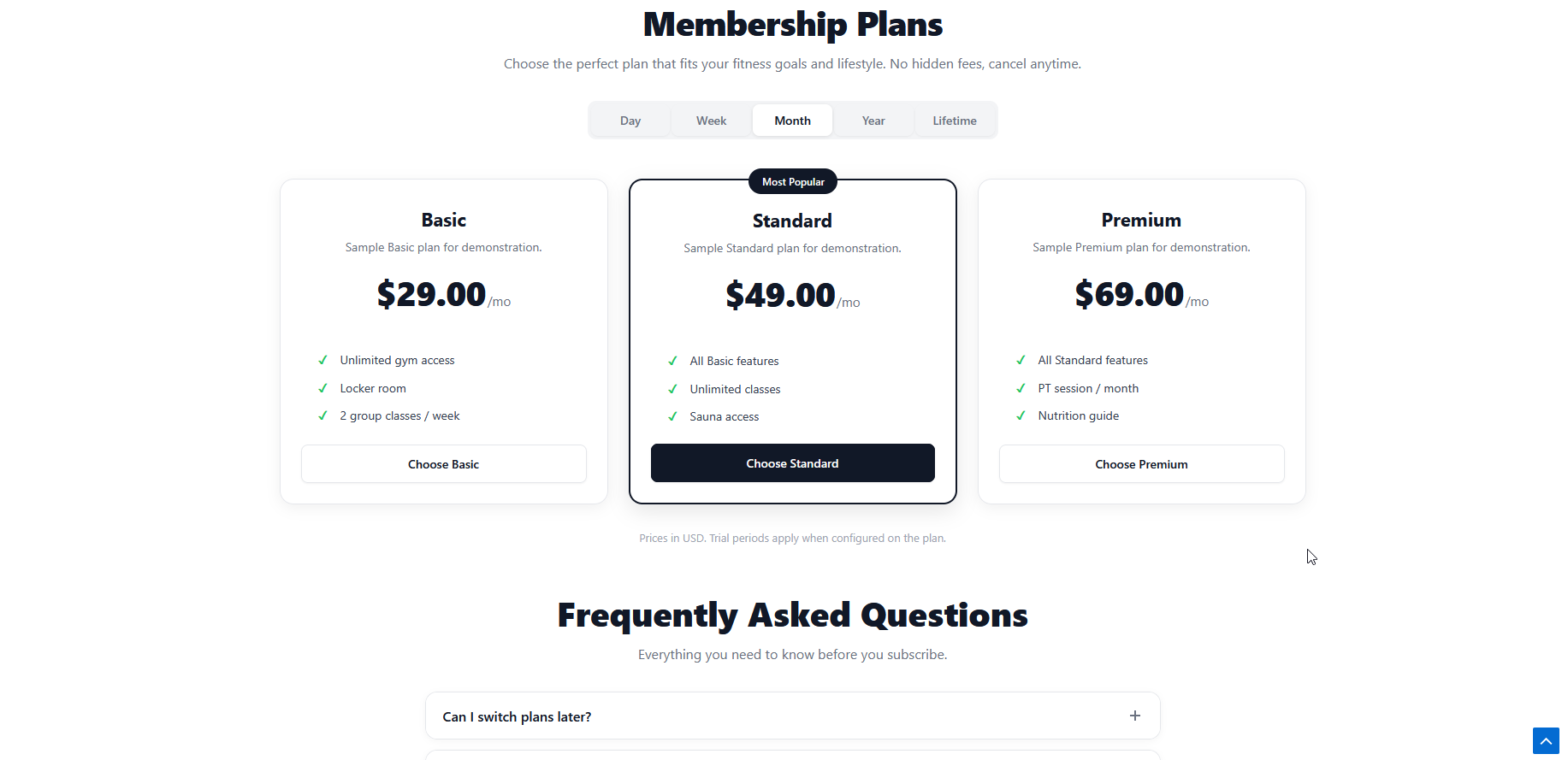 Public membership plans pricing table and FAQ section