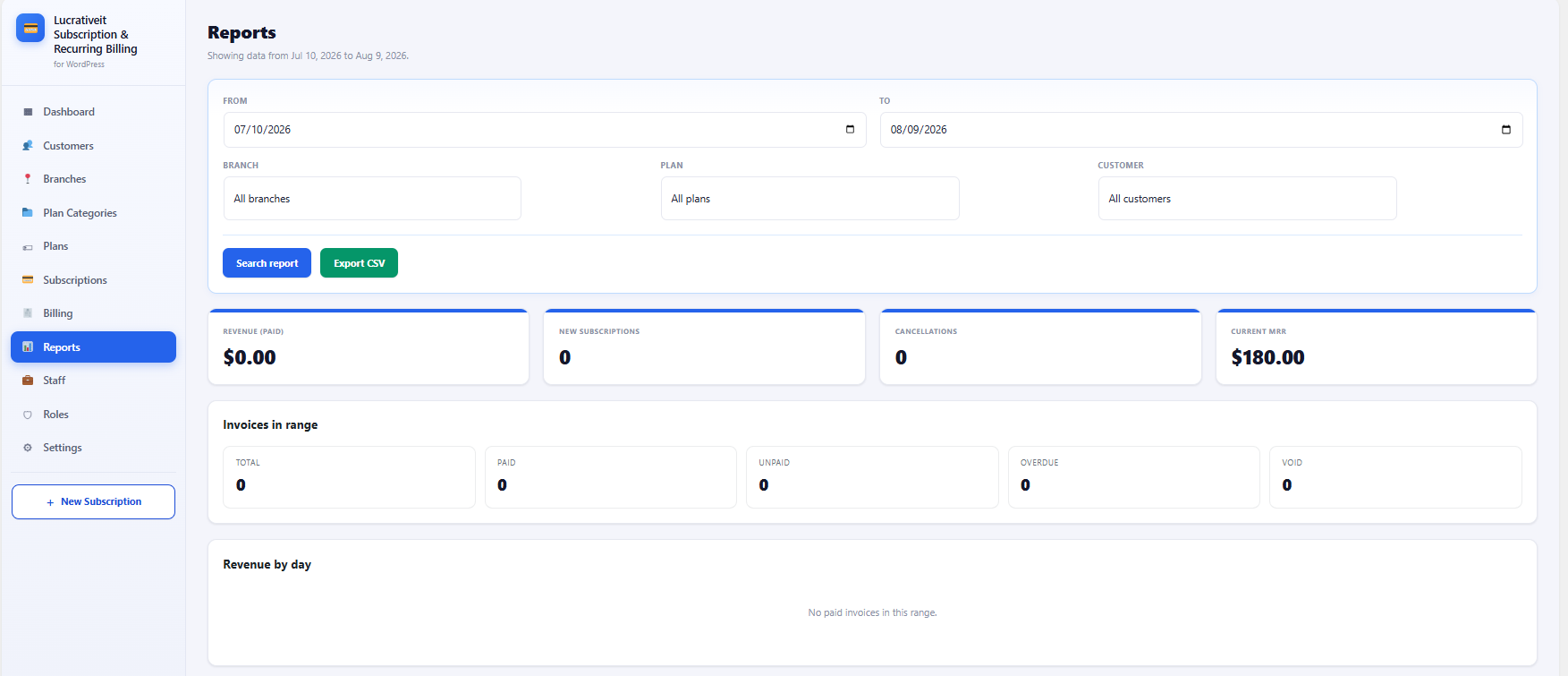 Pro advanced reports with date range, filters, Search report, and Export CSV