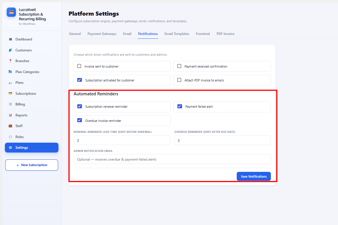 Pro automated reminder notification settings