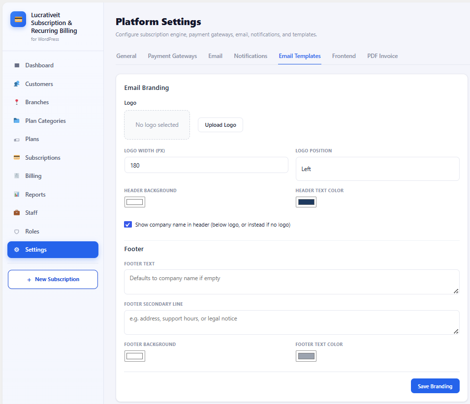 Pro email branding settings with logo and footer controls