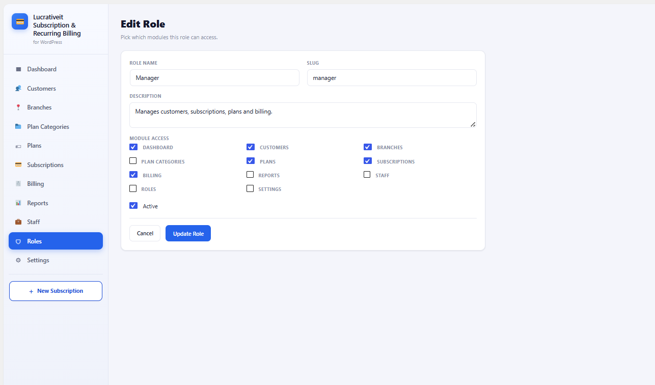 Pro roles and permissions management screen