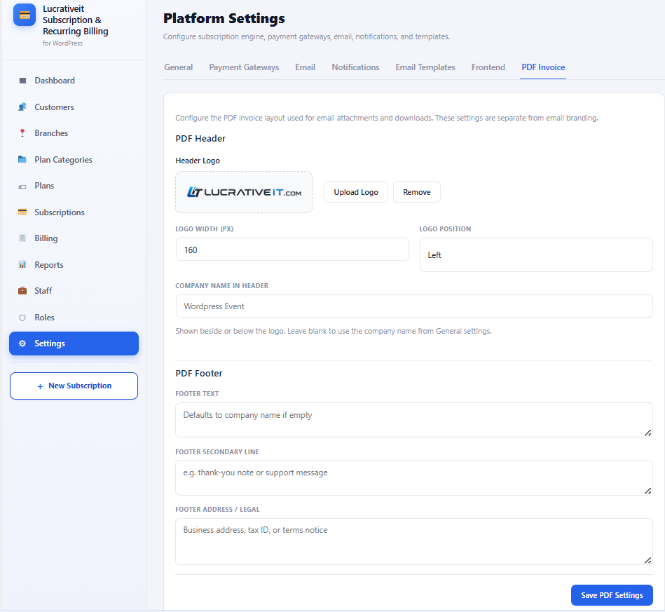 Pro PDF invoice branding settings