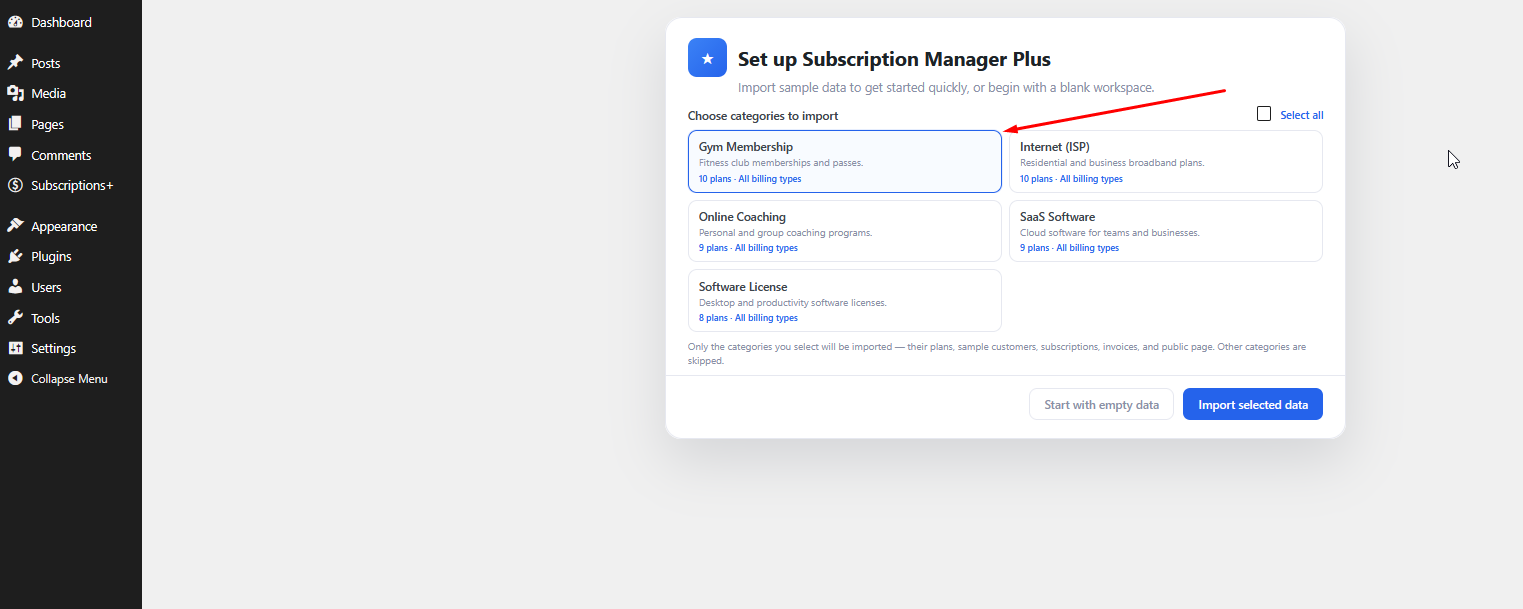 Setup wizard with Gym Membership category selected