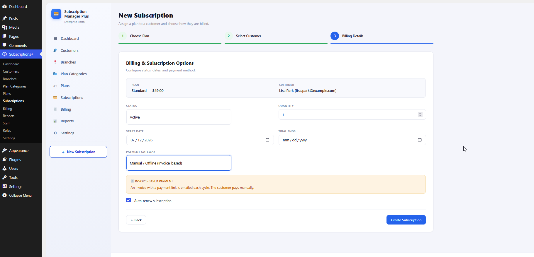 Billing details with Manual Offline payment selected