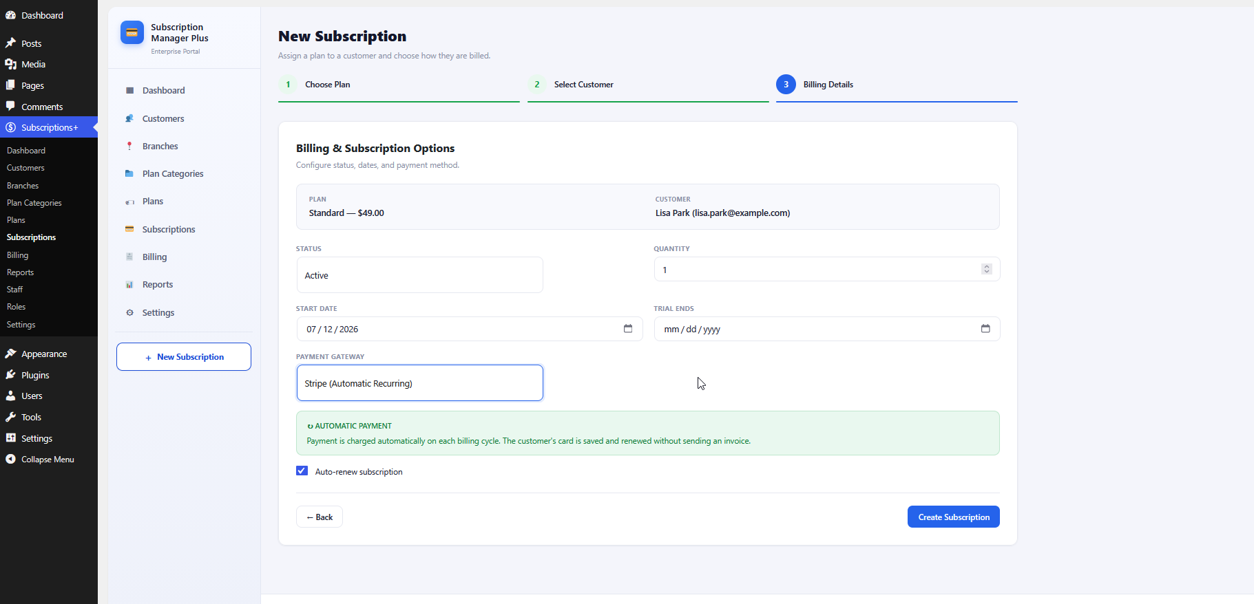 Billing details with Stripe automatic recurring selected