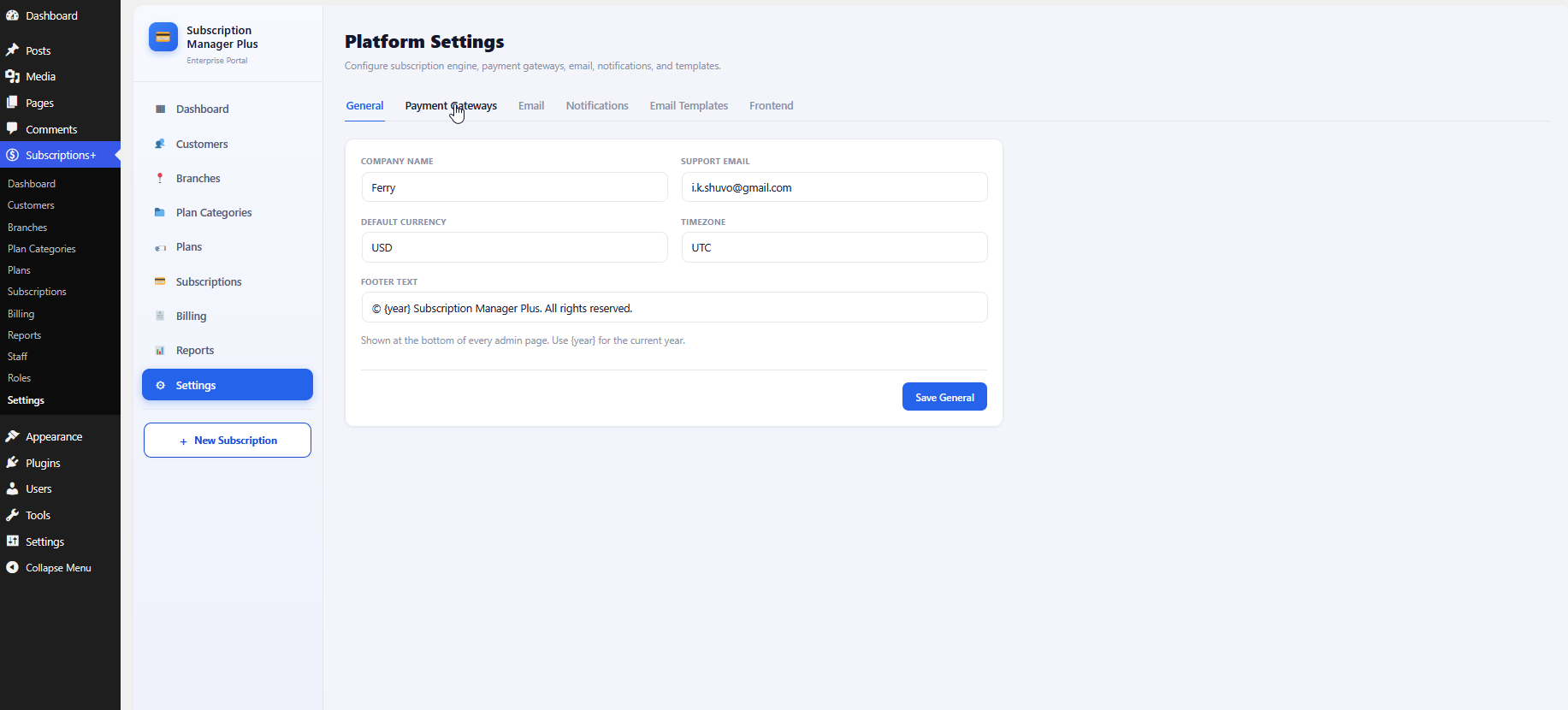 Platform Settings General tab