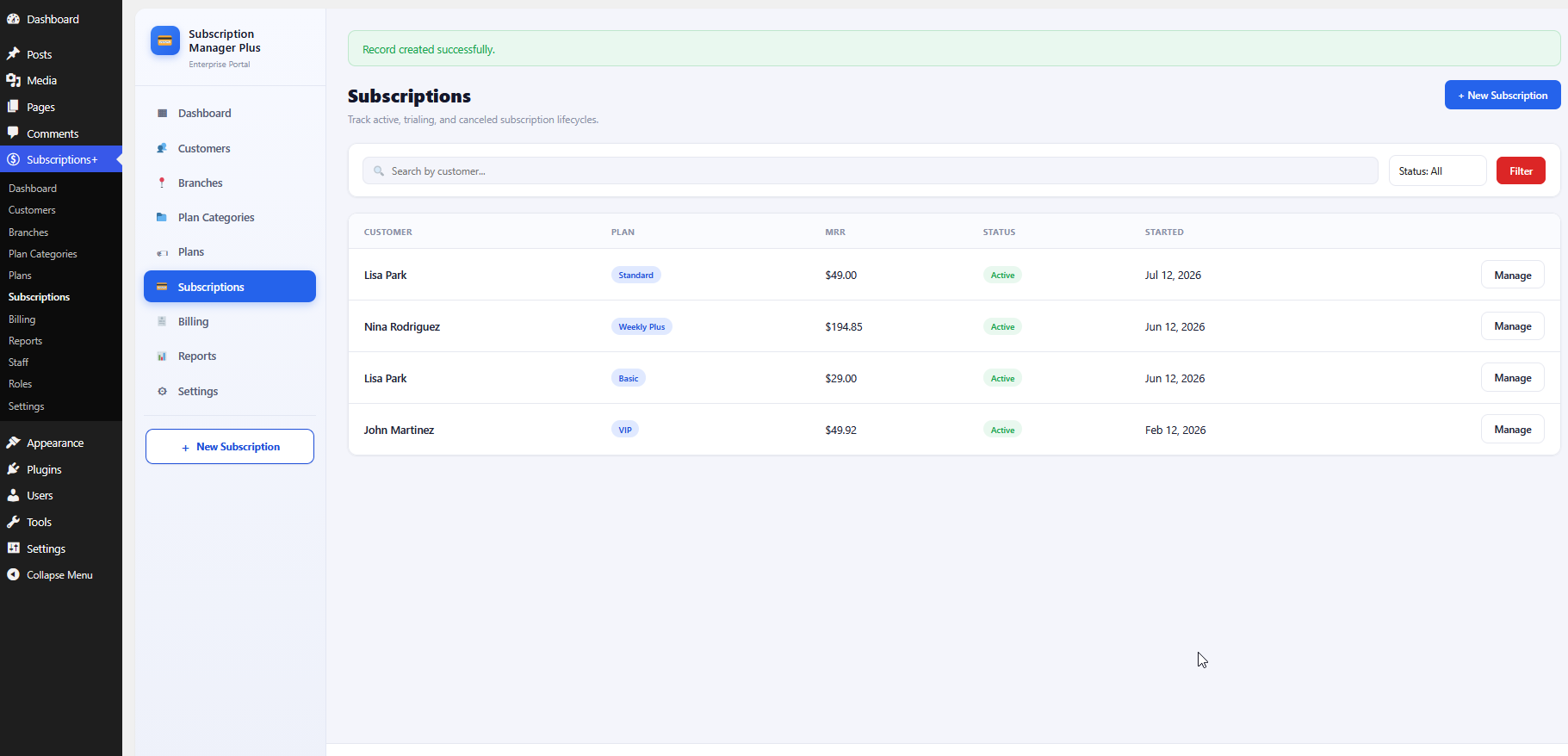 Subscriptions list after creating a new subscription